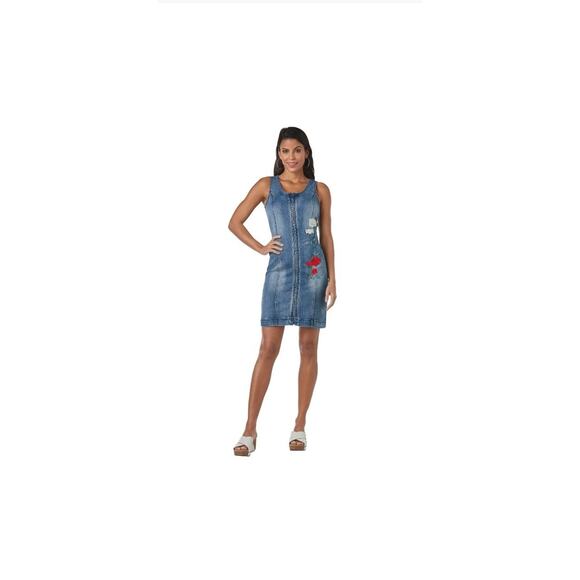 Women's Messeys Embroidered Floral Denim Tank Dress Front Zip Size 2x Stretch - Picture 1 of 8